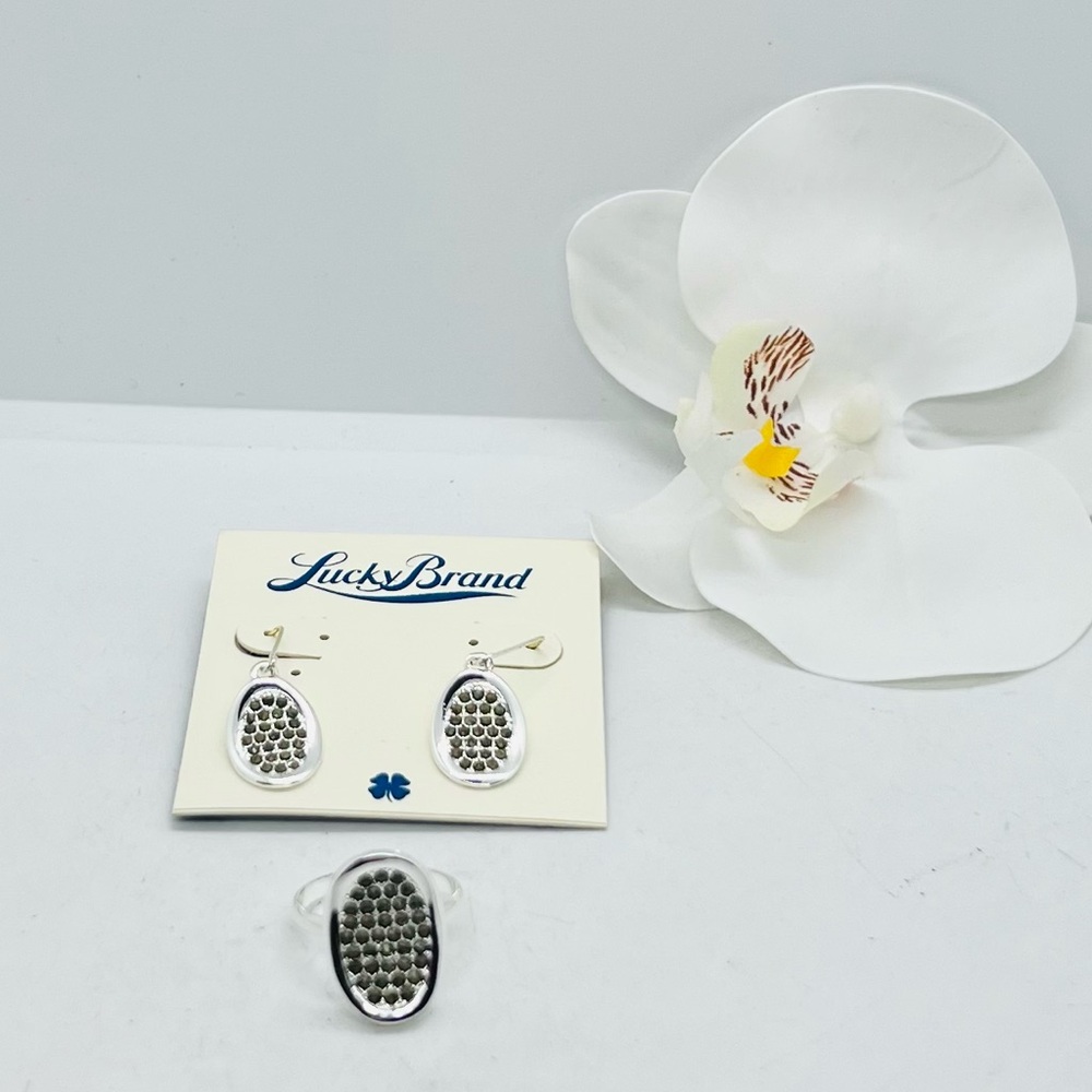 Lucky Brand Silver Honeycomb Drop Earrings with Matching Ring set of 2